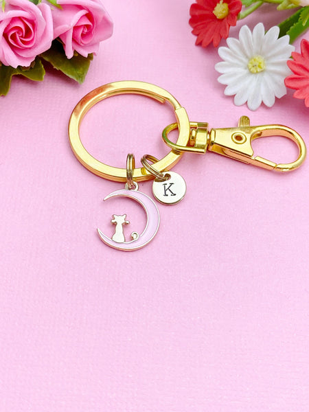 Gold Pink Cat Sit on The Moon Charm Keychain, Personalized Gift, N1555A