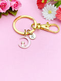 Gold Pink Cat Sit on The Moon Charm Keychain, Personalized Gift, N1555A