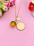 Gold Persimmon Necklace, Handmade Lampwork Orange Persimmon Charm, Personized Customized Initial Necklace, N5308