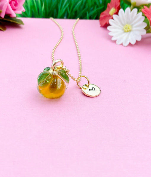 Gold Persimmon Necklace, Handmade Lampwork Orange Persimmon Charm, Personized Customized Initial Necklace, N5308