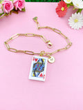 Gold Queen of Heart Play Card Charm Necklace, Bracelet or Keychain Option, N5667A