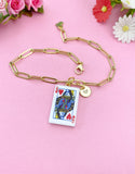 Gold Queen of Heart Play Card Charm Necklace, Bracelet or Keychain Option, N5667A