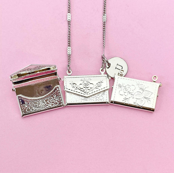 Silver Handbag with Flower Pendant Necklace, Brass Locket Pendants, N6056