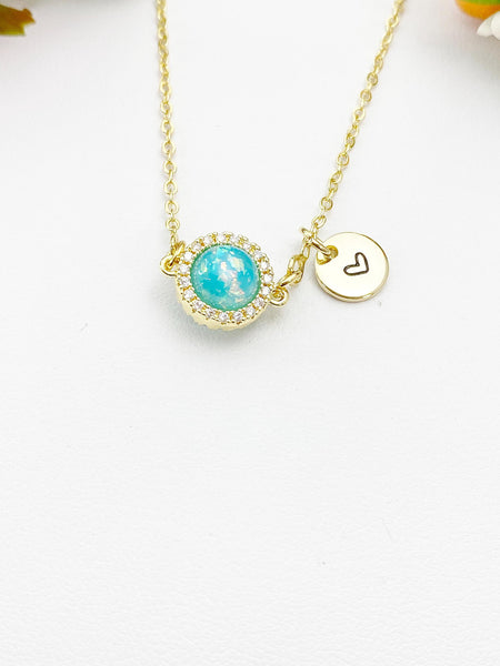 Gold Opal Charm Necklace, Turquoise Synthetic Opal Charm, N5991
