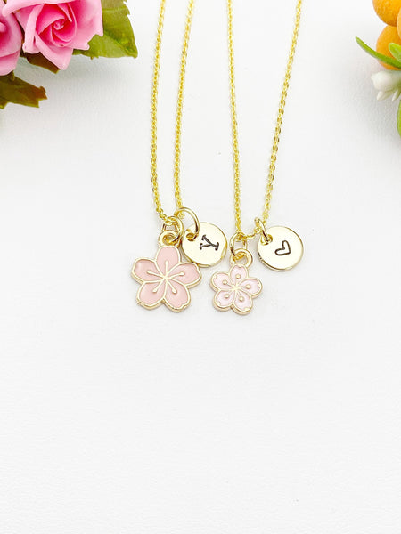 Gold Sakura Flower Charm Necklace, Pink Japanese Cherry Blossom, N5977A