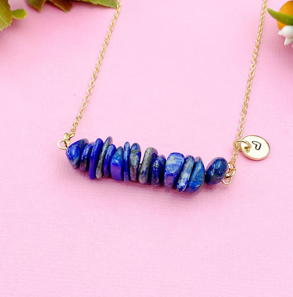 Gold Natural Lapis Lazuli Bar Necklace, Natural Gemstone Jewelry, N5881A