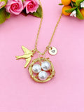 Gold or Silver Swallow Bird Nest Charm Necklace, Shell Pearl Jewelry, N5994