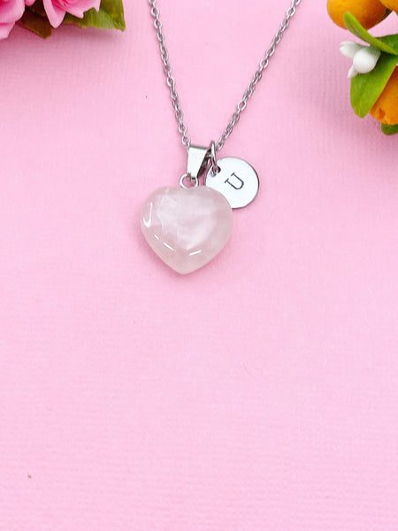 Silver Natural Rose Quartz Heart Charm Necklace, Natural Gemstone Jewelry, N5995
