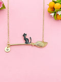 Gold or Silver Black Cat Sit on Witches Broom Charm Necklace, Halloween Jewelry, N5997