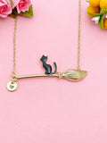 Gold or Silver Black Cat Sit on Witches Broom Charm Necklace, Halloween Jewelry, N5997