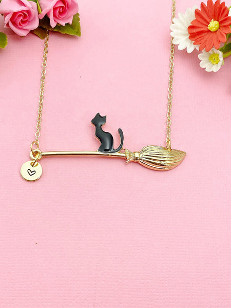 Gold or Silver Black Cat Sit on Witches Broom Charm Necklace, Halloween Jewelry, N5997
