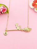 Gold or Silver Cat Sit on Witches Broom Charm Necklace, Halloween Jewelry, N5998