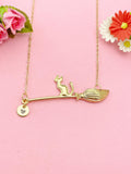 Gold or Silver Cat Sit on Witches Broom Charm Necklace, Halloween Jewelry, N5998