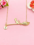 Gold or Silver Cat Sit on Witches Broom Charm Necklace, Halloween Jewelry, N5998