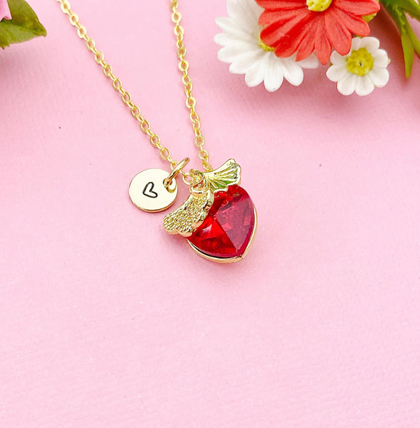 Gold Ginkgo Biloba Leaf Red Heart Charm Necklace, Love Resilience Jewelry Gift, N6004