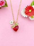 Gold Ginkgo Biloba Leaf Red Heart Charm Necklace, Love Resilience Jewelry Gift, N6004