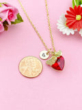 Gold Ginkgo Biloba Leaf Red Heart Charm Necklace, Love Resilience Jewelry Gift, N6004