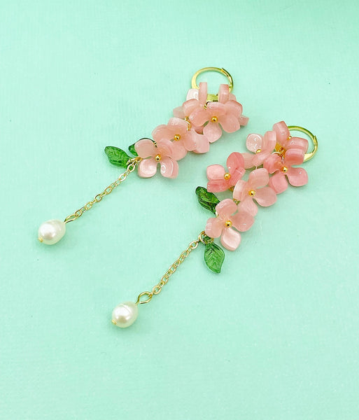 Gold Pink Sakura Flower Charm Earrings, Cherry Blossom, Shell Pearl, N6005