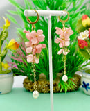 Gold Pink Sakura Flower Charm Earrings, Cherry Blossom, Shell Pearl, N6005