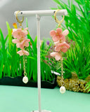 Gold Pink Sakura Flower Charm Earrings, Cherry Blossom, Shell Pearl, N6005