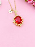 Gold Red Oval with Leaf Charm Necklace, N6009A