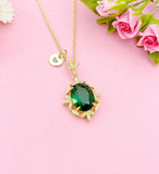 Gold Green Oval with Leaf Charm Necklace, N6009B