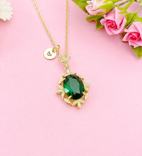 Gold Green Oval with Leaf Charm Necklace, N6009B
