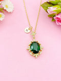 Gold Green Oval with Leaf Charm Necklace, N6009B