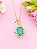 Gold Oval with Leaf Charm Necklace, Green, N6009C