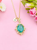 Gold Oval with Leaf Charm Necklace, Green, N6009C