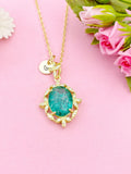 Gold Oval with Leaf Charm Necklace, Green, N6009C