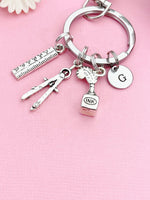 Architect Keychain, Pencil Compass Charm, Ruler Charm, Quill Feather Pen and Ink Bottle Charm, Architect Graduation Gift, N6010