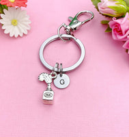 Silver Quill Feather Pen and Ink Bottle Charm Keychain, N6010A