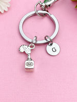 Silver Quill Feather Pen and Ink Bottle Charm Keychain, N6010A