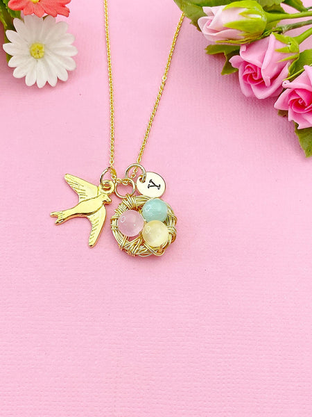 Gold or Silver Swallow Bird Nest Charm Necklace, Natural Selenite Gemstone Jewelry, N6012