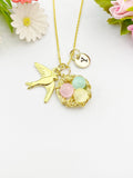 Gold or Silver Swallow Bird Nest Charm Necklace, Natural Selenite Gemstone Jewelry, N6012