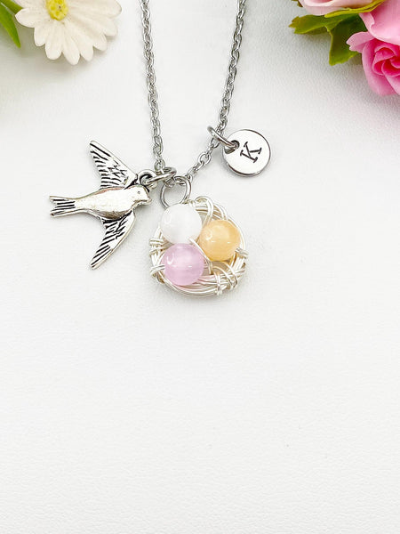 Silver Gold Swallow Bird Nest Charm Necklace, Natural Selenite Gemstone Jewelry, N6012A