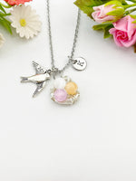 Silver Gold Swallow Bird Nest Charm Necklace, Natural Selenite Gemstone Jewelry, N6012A