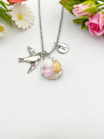 Silver Gold Swallow Bird Nest Charm Necklace, Natural Selenite Gemstone Jewelry, N6012A