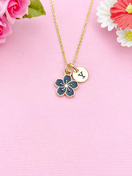 Gold Black Sakura Flower Charm Necklace, Cherry Blossom, N5912A