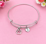 Silver Paw Print Bangle Bracelet, Personalized Initial Charm