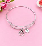 Silver Paw Print Bangle Bracelet, Personalized Initial Charm
