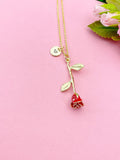 Gold Red Rose Flower Charm Necklace, N5110