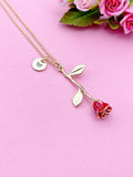 Gold Red Rose Flower Charm Necklace, N5110