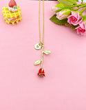Gold Red Rose Flower Charm Necklace, N5110