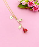 Gold Red Rose Flower Charm Necklace, N5110