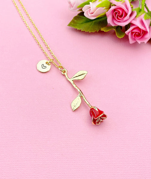 Gold Red Rose Flower Charm Necklace, N5110