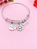 Sunflower Charm Bangle, Granddaughter Gift, Initial Charm