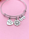 Sunflower Charm Bangle, Granddaughter Gift, Initial Charm