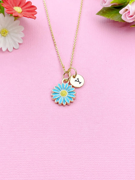 Gold or Silver Daisy Flower Charm Necklace, Blue, N6014D